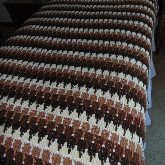 Vintage Afghan, Handmade, Shades of Brown, Beige and Ivory, 60 x76 - Picture 14 of 16